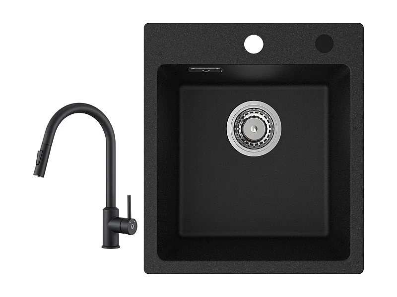 Cecipa max 40x45cm keukenspoelbak in kwarts en hars quartz spoelbak 1 bak zwart + keukenmengkraan met 360° draaibare uittrekbare spray zwart