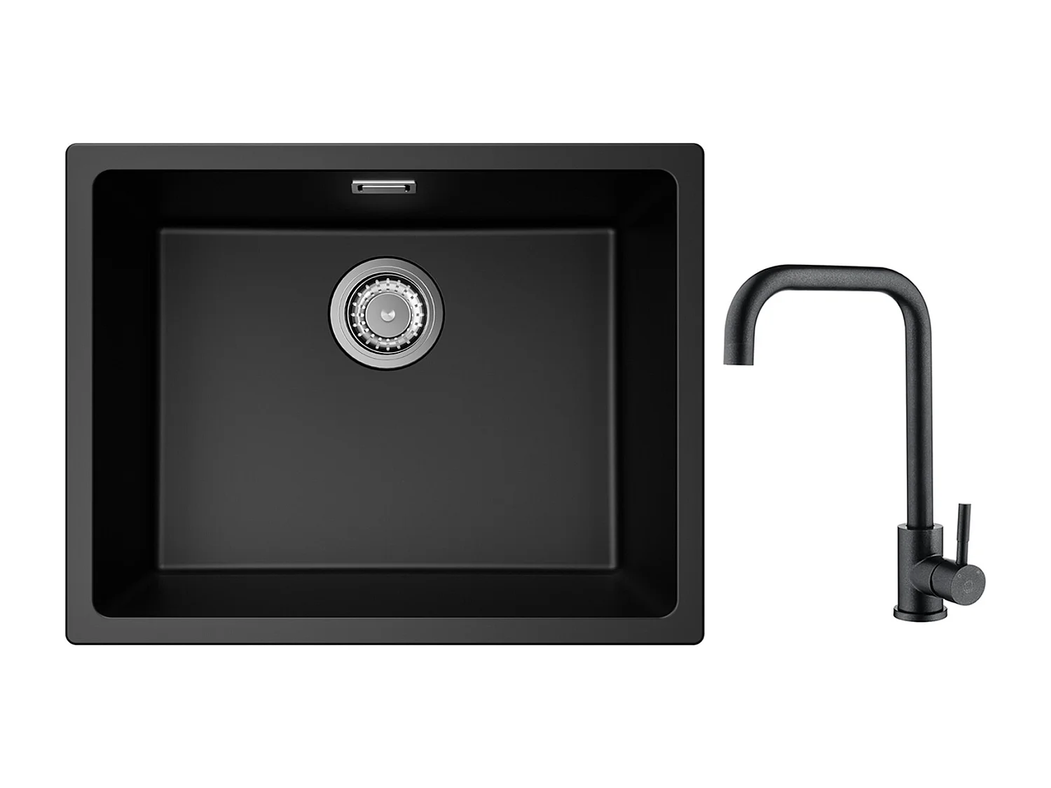 Evier 1 Bac en Quartz et Résine, 3 Options de Montage, 55*44*20cm + Mitigeur de Cuisine en Inox Noir étoilé avec Bec Haut et Incurvé