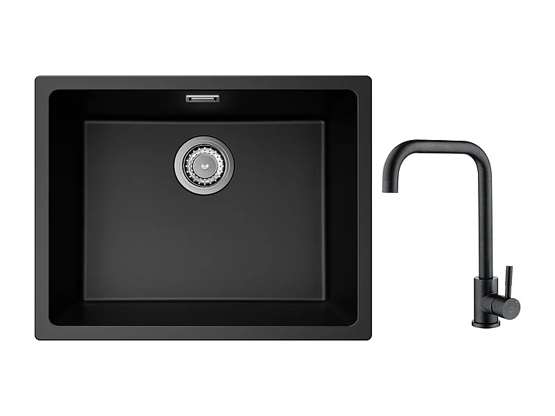 Evier 1 Bac en Quartz et Résine, 3 Options de Montage, 55*44*20cm + Mitigeur de Cuisine en Inox Noir étoilé avec Bec Haut et Incurvé