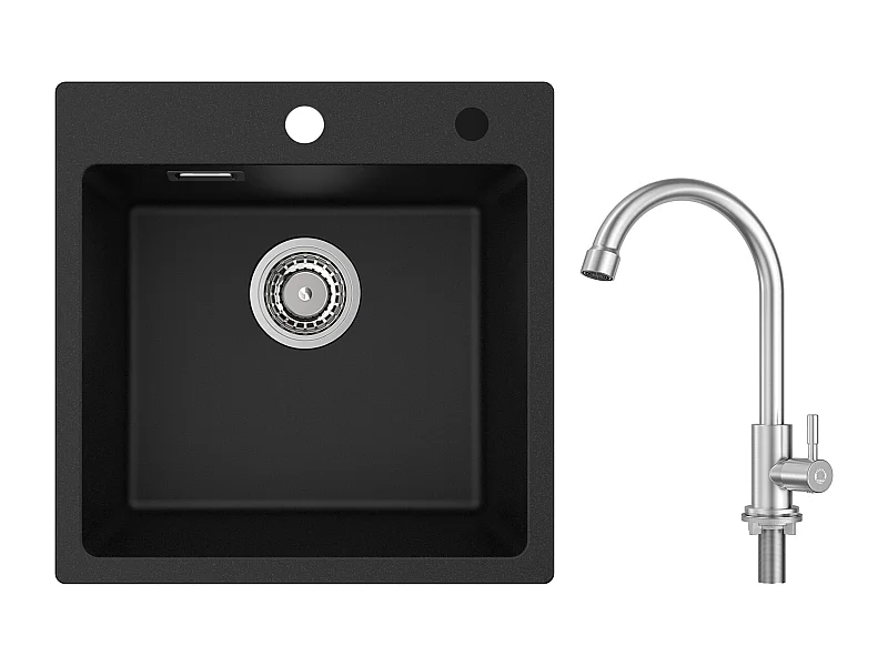 Cecipa MAX Evier 1 Bac en Quartz et Résine Noir 45x45cm Evier à Encastrer + Robinet de Cuisine à eau Froide,Brossé