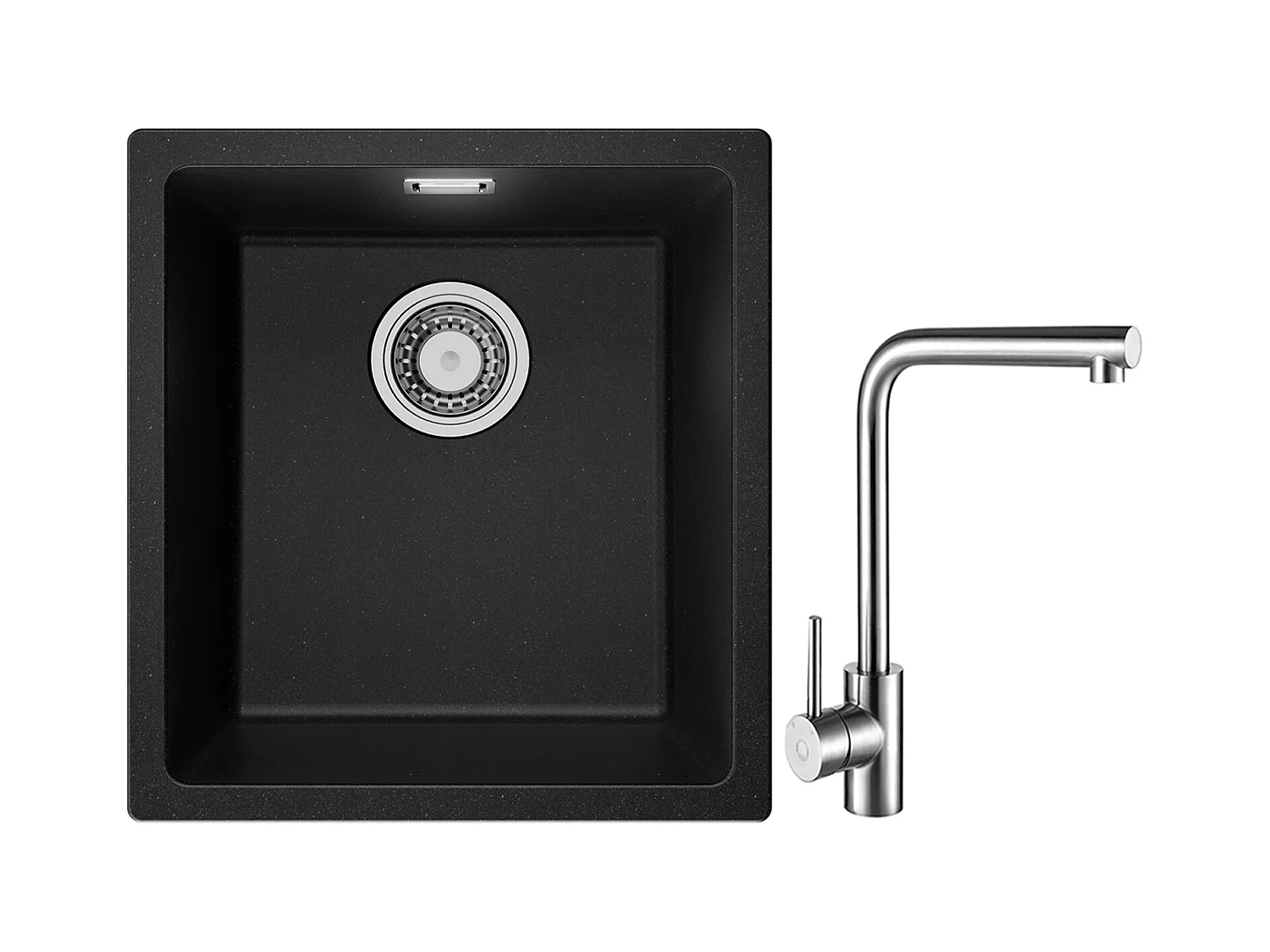 Evier 1 Bac en Quartz et Résine, 3 Options de Montage, 40*44*20cm + Mitigeur de Evier Rrotatif à 360 ° Brossé