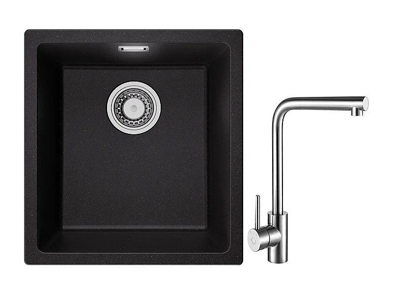 lavabo de cuarzo y resina, 3 opciones de montaje, 40*44*20 cm + mezclador de lavabo cepillado giratorio 360°