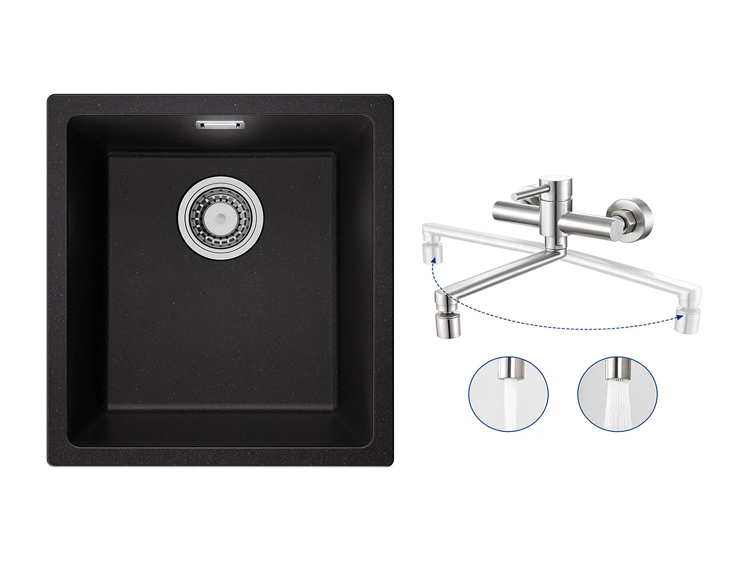 Evier 1 Bac en Quartz et Résine, 3 Options de Montage, 40*44*20cm + Mitigeur de Cuisine Mural avec 2 Jets Brossé