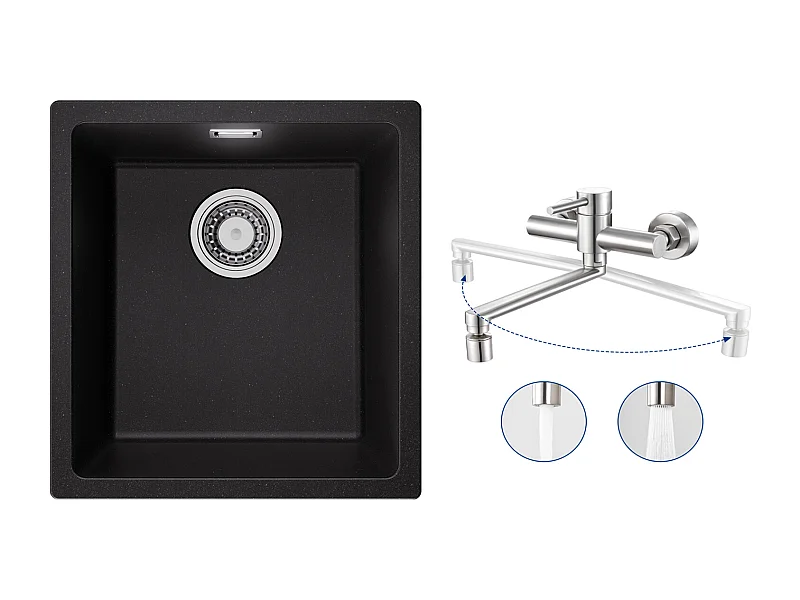 kom van kwarts en hars, 3 montageopties, 40*44*20cm + wandgemonteerde keukenmixer met 2 geborstelde jets