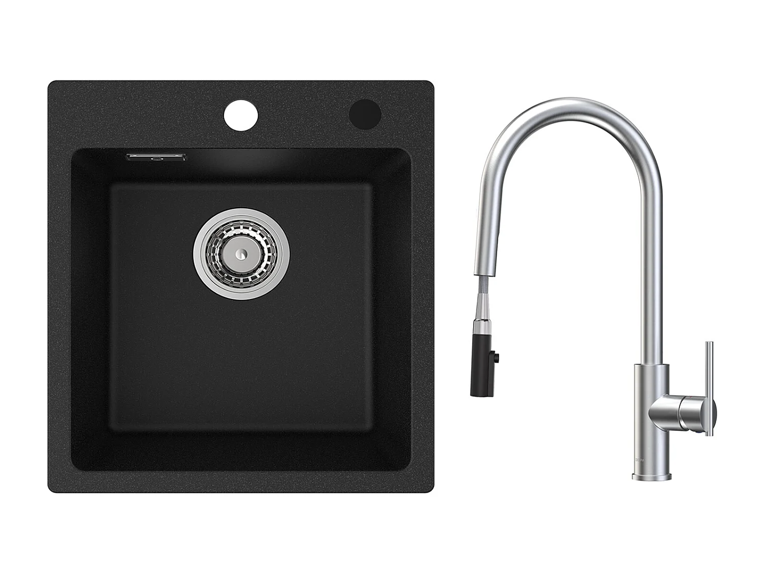 Fregadero de Cuarzo y Resina Fregadero de Cuarzo 40x45cm 1 Seno Negro + Grifo de Cocina Monomando con Ducha Extraíble, 2 Salidas de Agua, Cepillado