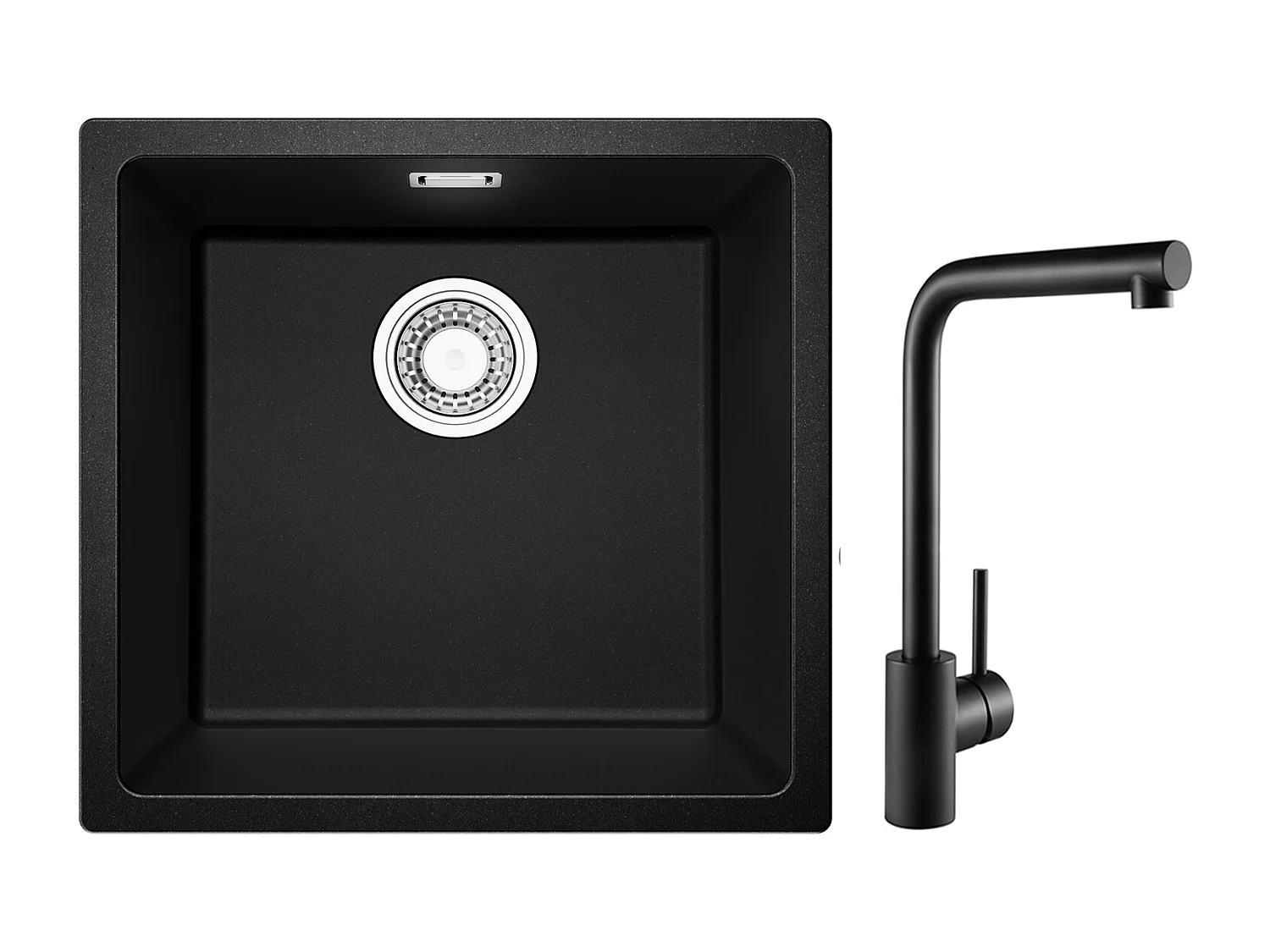 Evier 1 Bac en Quartz et Résine, 3 Options de Montage, 45*44*20cm + Mitigeur de Evier Noir Rrotatif à 360 °