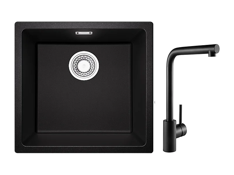 Evier 1 Bac en Quartz et Résine, 3 Options de Montage, 45*44*20cm + Mitigeur de Evier Noir Rrotatif à 360 °