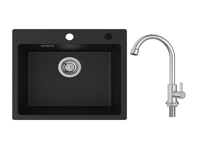 Cecipa MAX Evier 1 Bac 50x45cm Evier en Quartz et Résine Evier à Encastrer + Robinet de Cuisine à eau Froide,Brossé