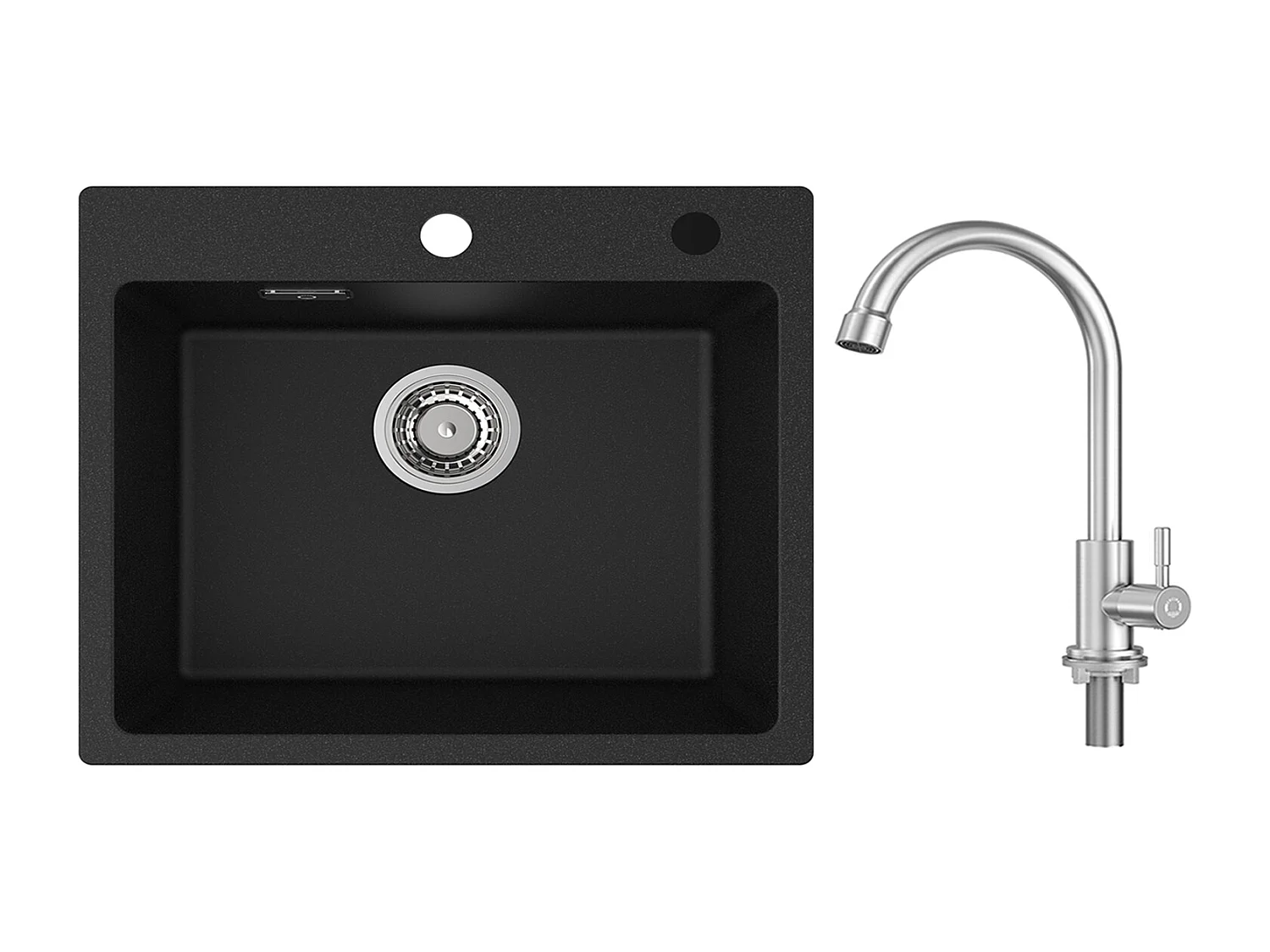 Cecipa MAX Evier 1 Bac 50x45cm Evier en Quartz et Résine Evier à Encastrer + Robinet de Cuisine à eau Froide,Brossé