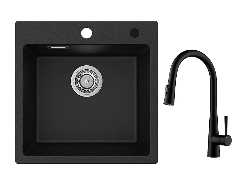 Cecipa max Lavello Quarzo Nero 45x45 cm Lavello 1 Vasca in Quarzo e Resina + Miscelatore Cucina con Doccia Estraibile, 3 Modalità di Uscita Acqua, Nero