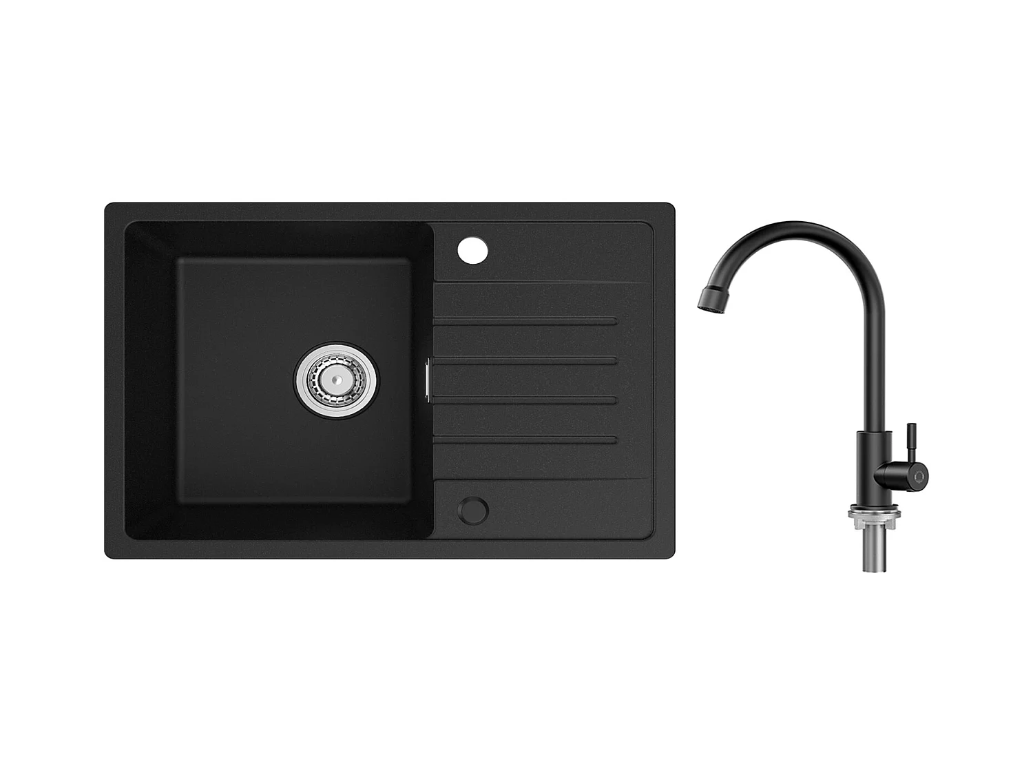 Evier 1 Bac en Quartz et Résine - Noir Evier avec Egouttoir 78x45cm + Robinet de Cuisine à eau Froide,Noir