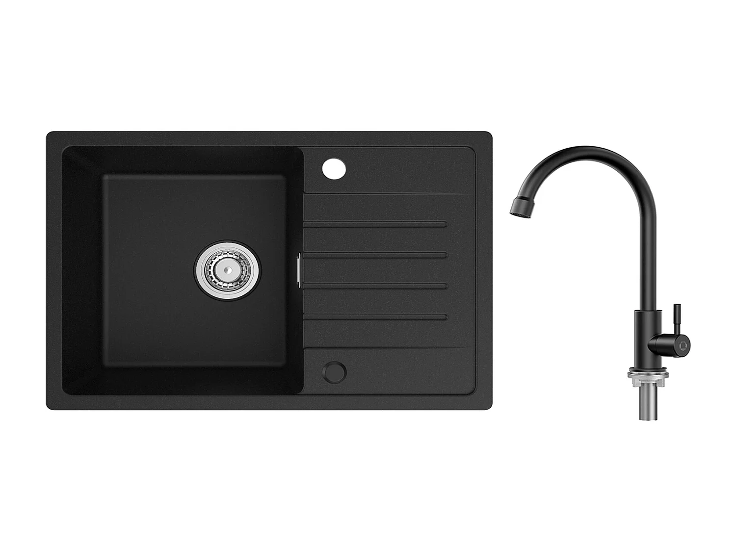 Evier 1 Bac en Quartz et Résine - Noir Evier avec Egouttoir 78x45cm + Robinet de Cuisine à eau Froide,Noir