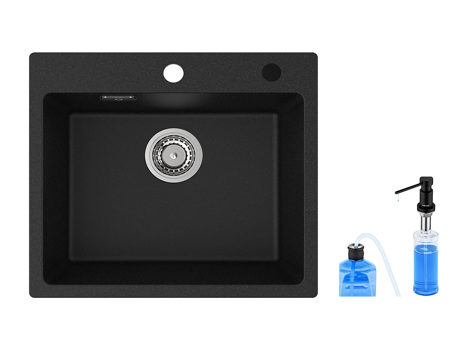Cecipa max Einzelspüle 50x45cm + Seifenspender, Küchenspüle aus Quarz und Kunstharz, 1 Becken Unterbauspüle