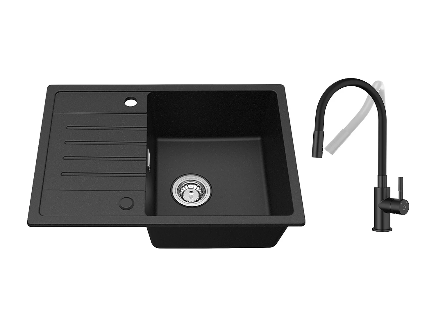 Lavello 1 Vasca con Gocciolatoio, Lavello in Quarzo Nero e Resina 65x45cm + Miscelatore Cucina Flessibile, 2 Tipologie di Getti, Rubinetto Estraibile Nero