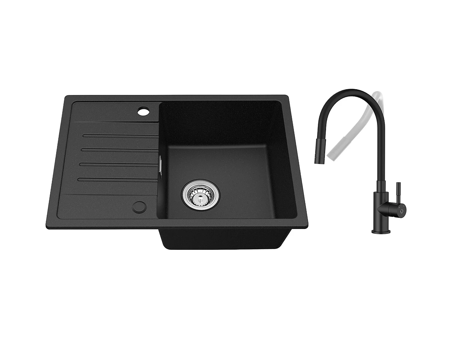Evier 1 Bac avec Egouttoir, Evier en Quartz et résine Noir 65x45cm + Flexible Mitigeur de Cuisine, 2 Types de Jets  Robinet Extractible Noir