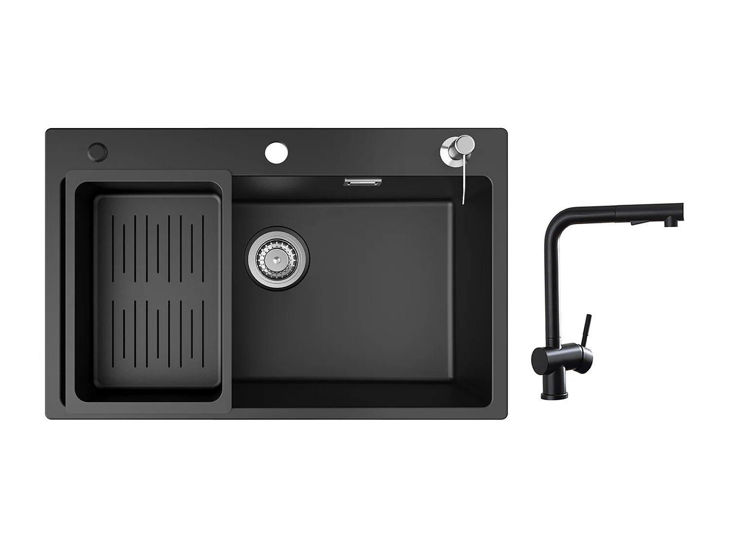 Cecipa max Evier 1 Bac en Quartz  avec Panier de Vidange et Distributeur de Savon 70x45cm + Robinet avec Douchette Extractible, Mitigeur d'évier