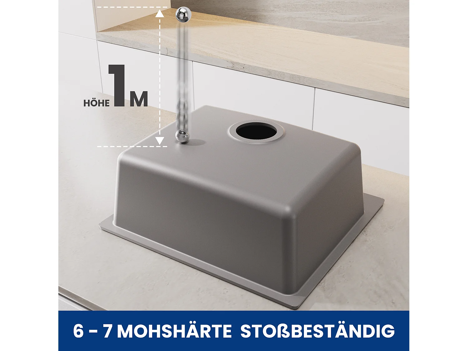 Cecipa max Quarzspüle 50 x 45 cm + 300 ml gebürsteter Seifenspender – Einzelbecken Quarzspüle Küchenspüle – Einzelbecken Unterbauspüle – Graue Spüle