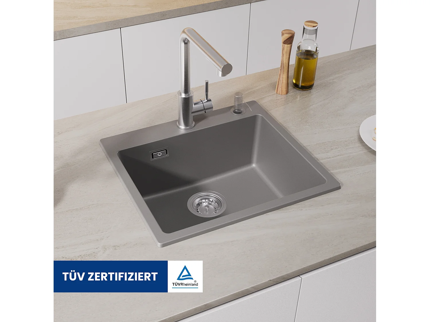 Cecipa max Quartz spoelbak 50x45cm + 300ML geborstelde zeepdispenser - 1 kom Quartz spoelbak keukenspoelbak - 1 wastafel inbouwspoelbak - grijze spoelbak