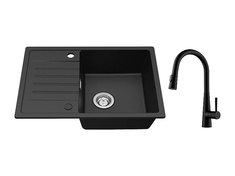 Lavello Cecipa max 1 vasca con gocciolatoio, Lavello in Quarzo Nero 65x45cm + Miscelatore cucina con doccetta estraibile, 3 modalità di uscita dell'acqua, Nero