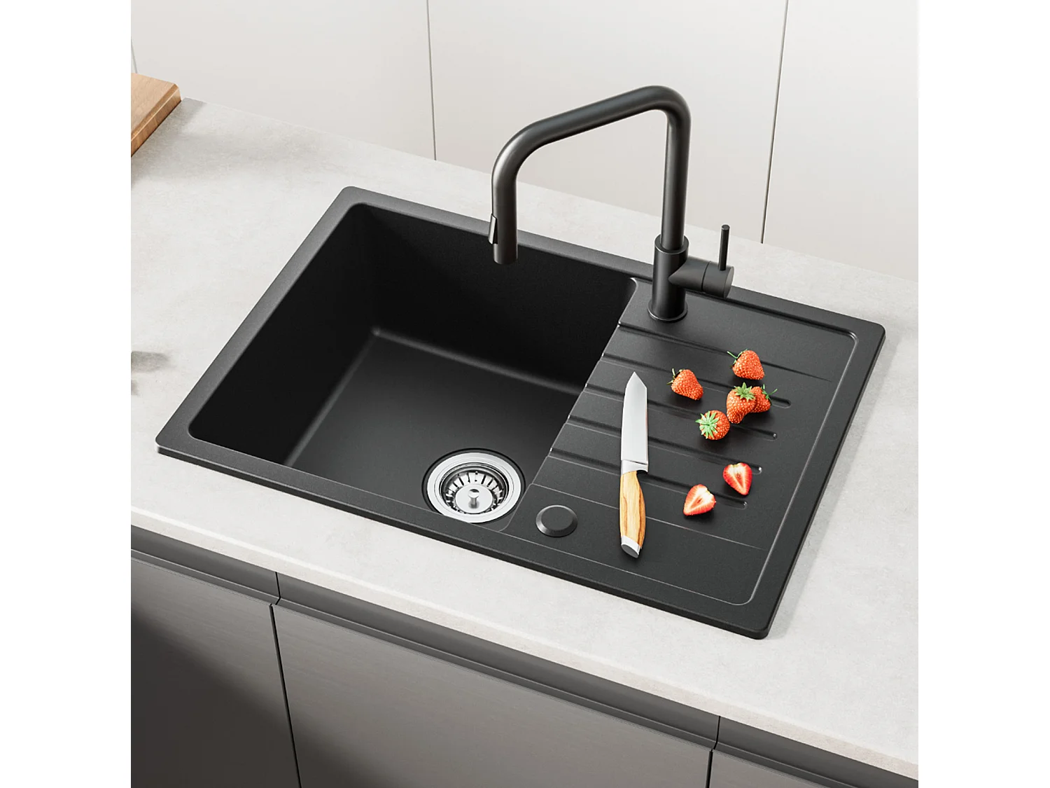 Lavello Cecipa max 1 vasca con gocciolatoio, Lavello in Quarzo Nero 65x45cm + Miscelatore cucina con doccetta estraibile, 3 modalità di uscita dell'acqua, Nero