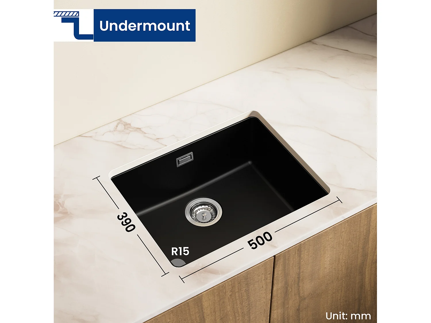 Lavello a 1 vasca in quarzo e resina, 3 opzioni di montaggio, 55*44*20 cm + Miscelatore da cucina in acciaio inox nero