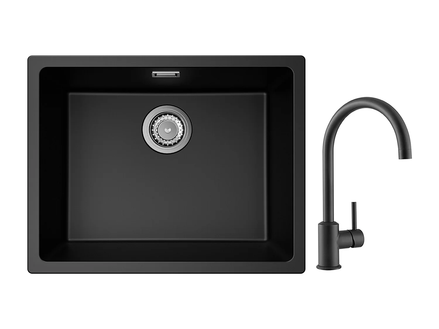 Evier 1 Bac en Quartz et Résine, 3 Options de Montage, 55*44*20cm + Mitigeur de Cuisine en Inox Noir