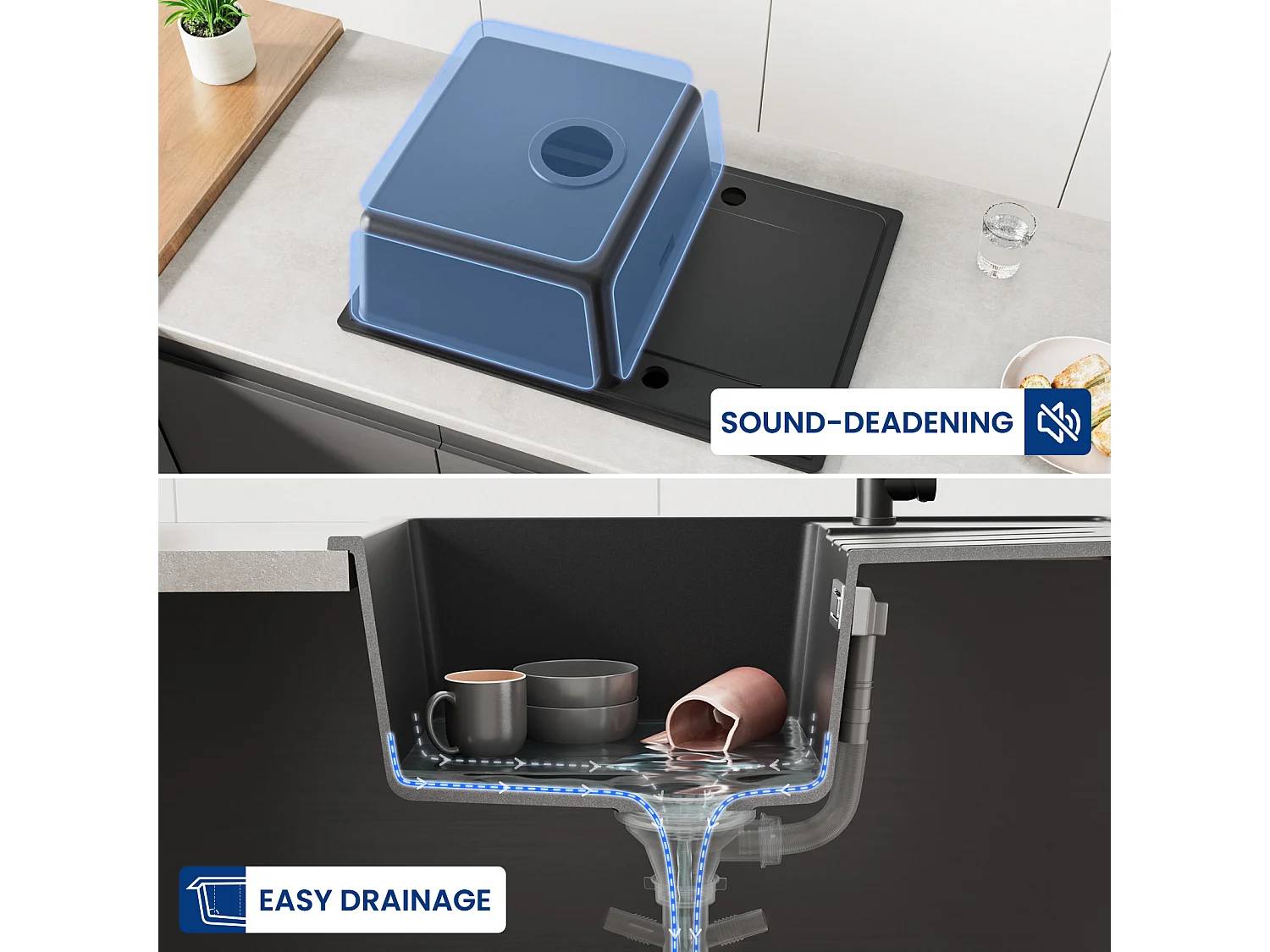 Fregadero Cecipa max 1 seno con escurridor Fregadero encastrable Cuarzo y resina negra 65x45cm + Dispensador de jabón negro 300ML