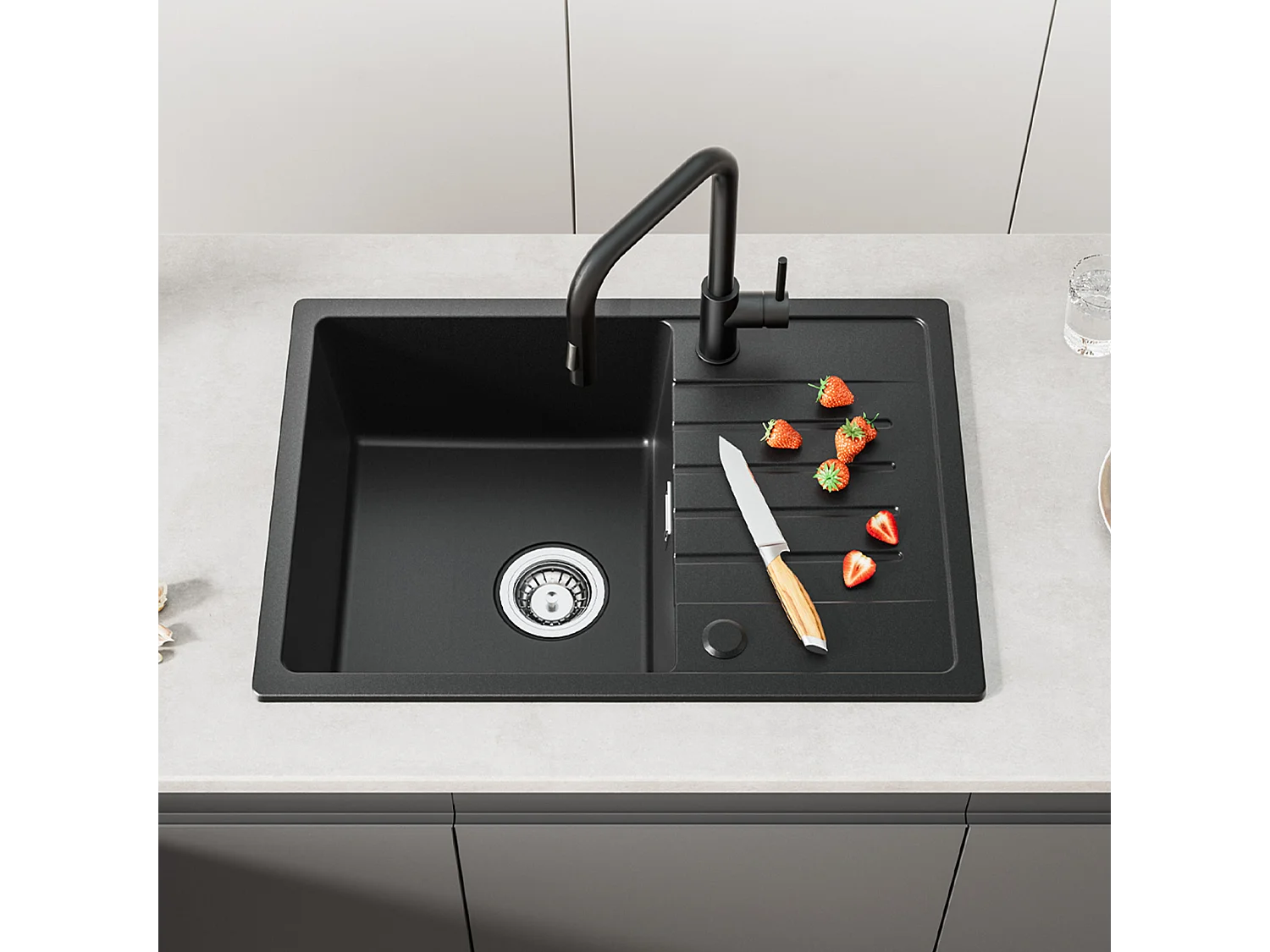 Cecipa max Evier 1 Bac avec Egouttoir Evier à encastrer Quartz et résine Noir 65x45cm + 300ML Distributeur de Savon Noir