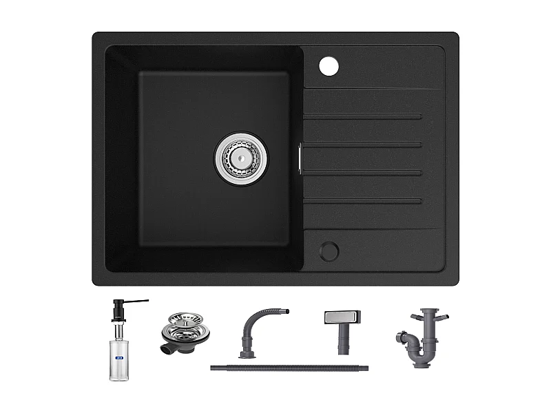 Cecipa max Evier 1 Bac avec Egouttoir Evier à encastrer Quartz et résine Noir 65x45cm + 300ML Distributeur de Savon Noir