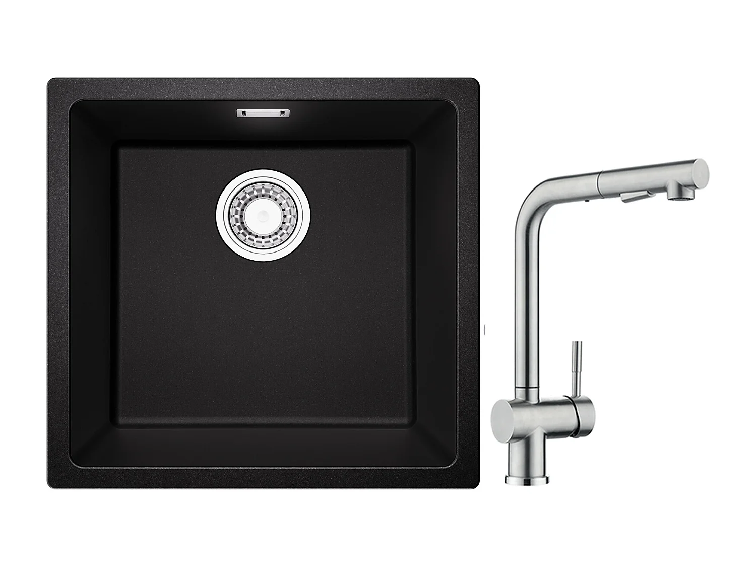 CECIPA MAX spoelbak 1 kom in kwarts en hars zwart grijs 45*44*20cm + keukenkraan met spray, geborstelde uittrekbare mixer