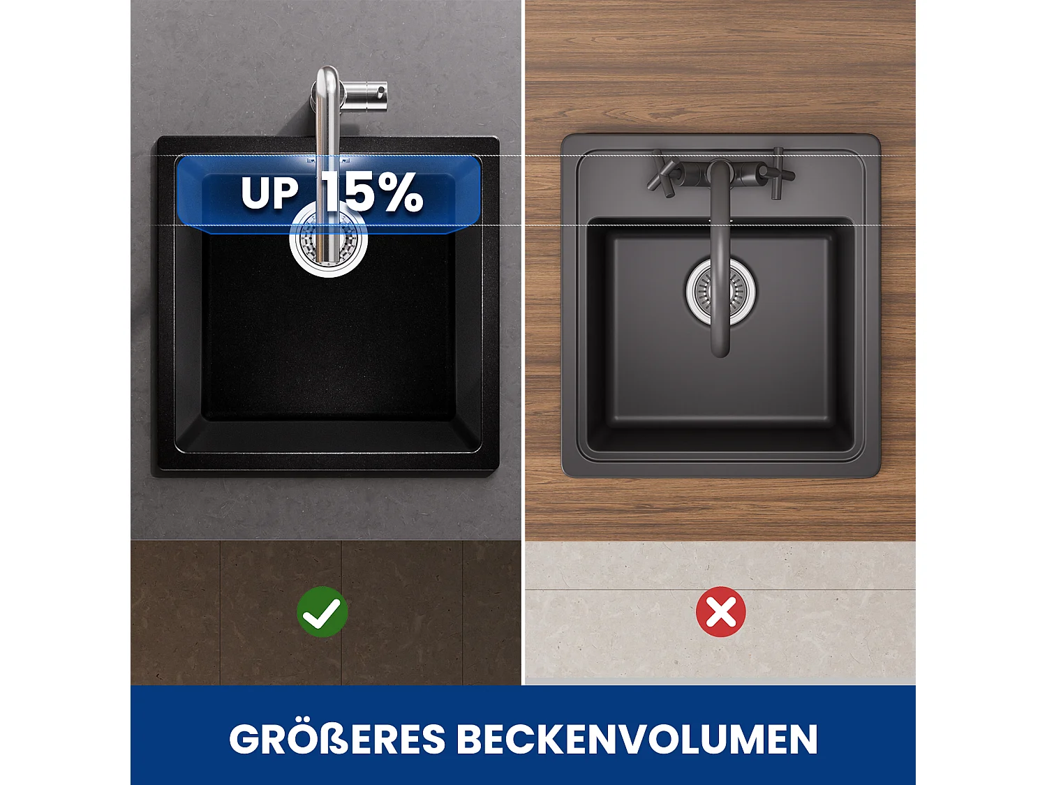 CECIPA MAX spoelbak 1 kom in kwarts en hars zwart grijs 45*44*20cm + keukenkraan met spray, geborstelde uittrekbare mixer