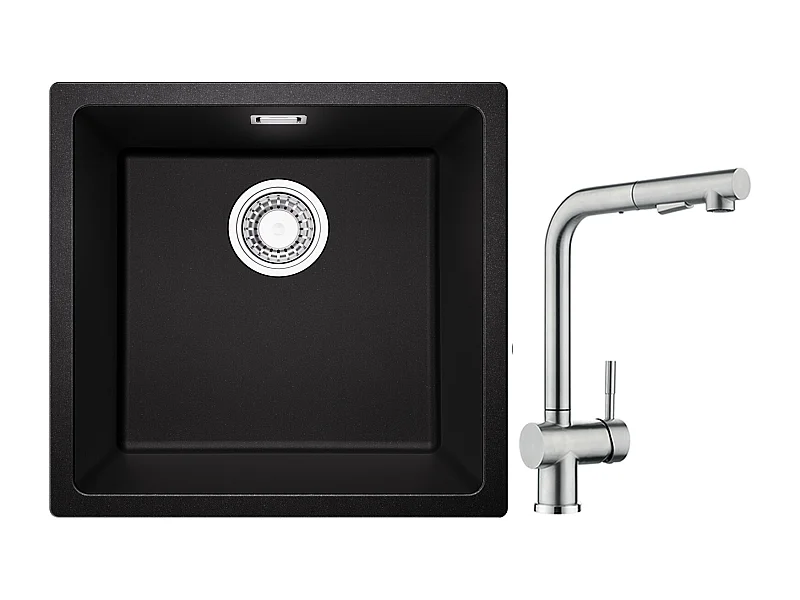 CECIPA MAX Einzelspüle aus Quarz und Kunstharz in Schwarzgrau 45*44*20cm + Küchenarmatur mit Brause, gebürstete ausziehbare Mischbatterie