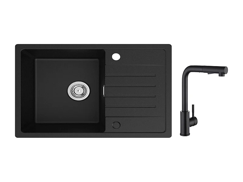 Cecipa max Evier 1 Bac 78x45cm avec Egouttoir Evier à encastrer Quartz et résine Noir + Mitigeur avec Douchette Extractible 2 Modes de pulvérisat