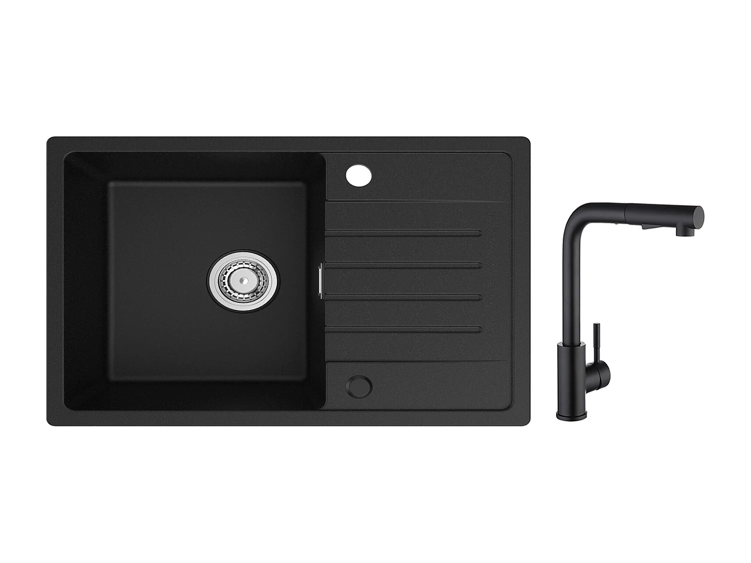 Cecipa max Spoelbak 1 bak 78x45cm met afdruiprek Inbouw spoelbak van kwarts en hars Zwart + Mengkraan met uittrekbare straal 2 straalsoorten