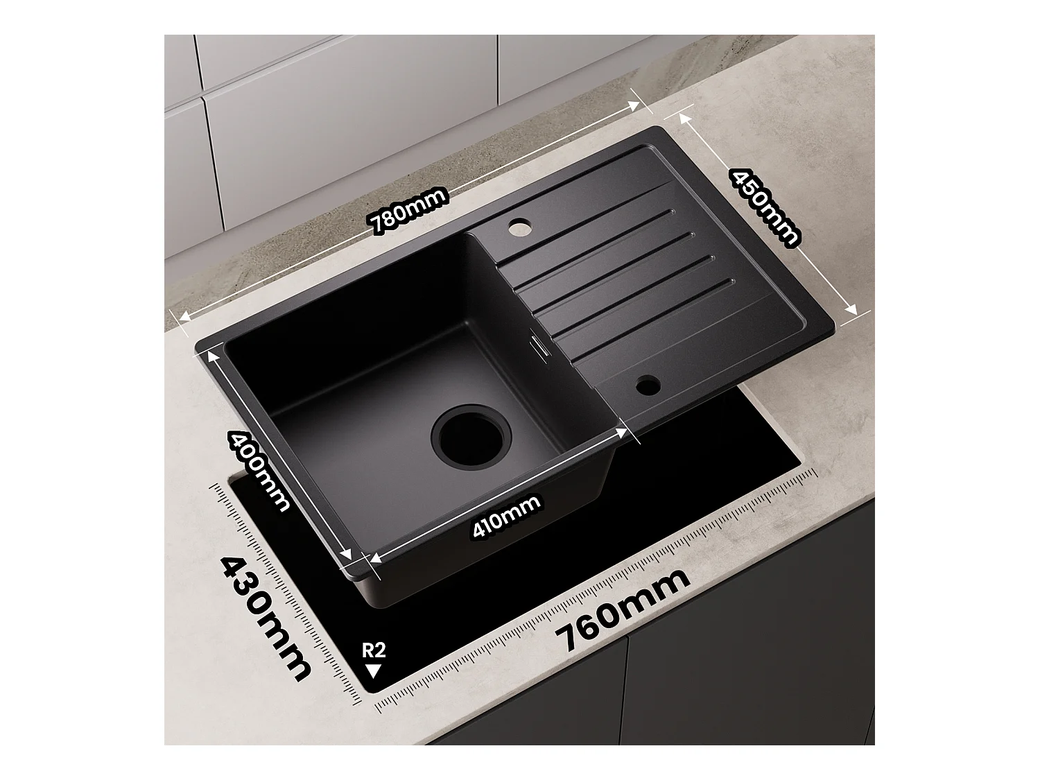 Cecipa max Spoelbak 1 bak 78x45cm met afdruiprek Inbouw spoelbak van kwarts en hars Zwart + Mengkraan met uittrekbare straal 2 straalsoorten