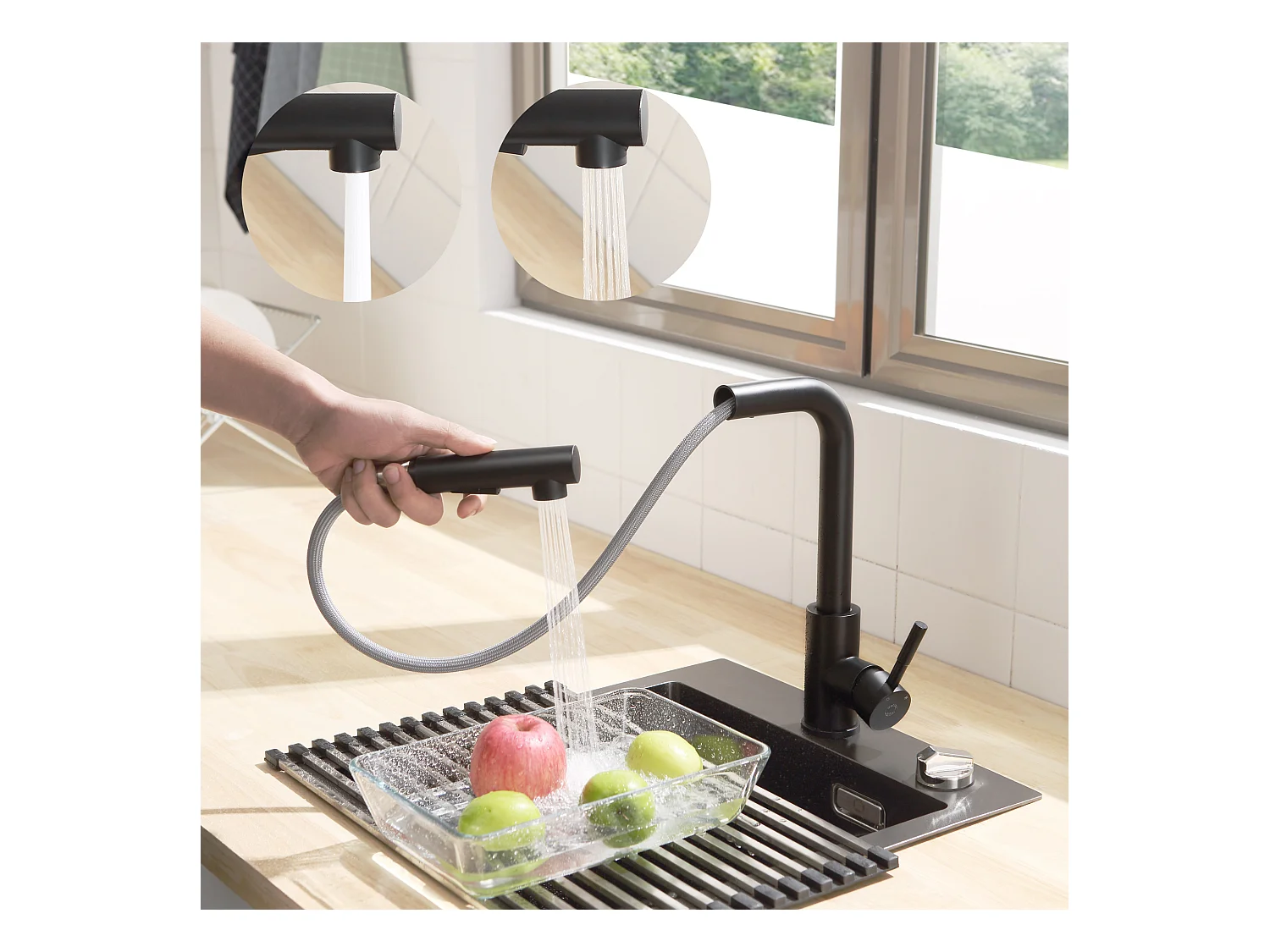 Cecipa max Spoelbak 1 bak 78x45cm met afdruiprek Inbouw spoelbak van kwarts en hars Zwart + Mengkraan met uittrekbare straal 2 straalsoorten