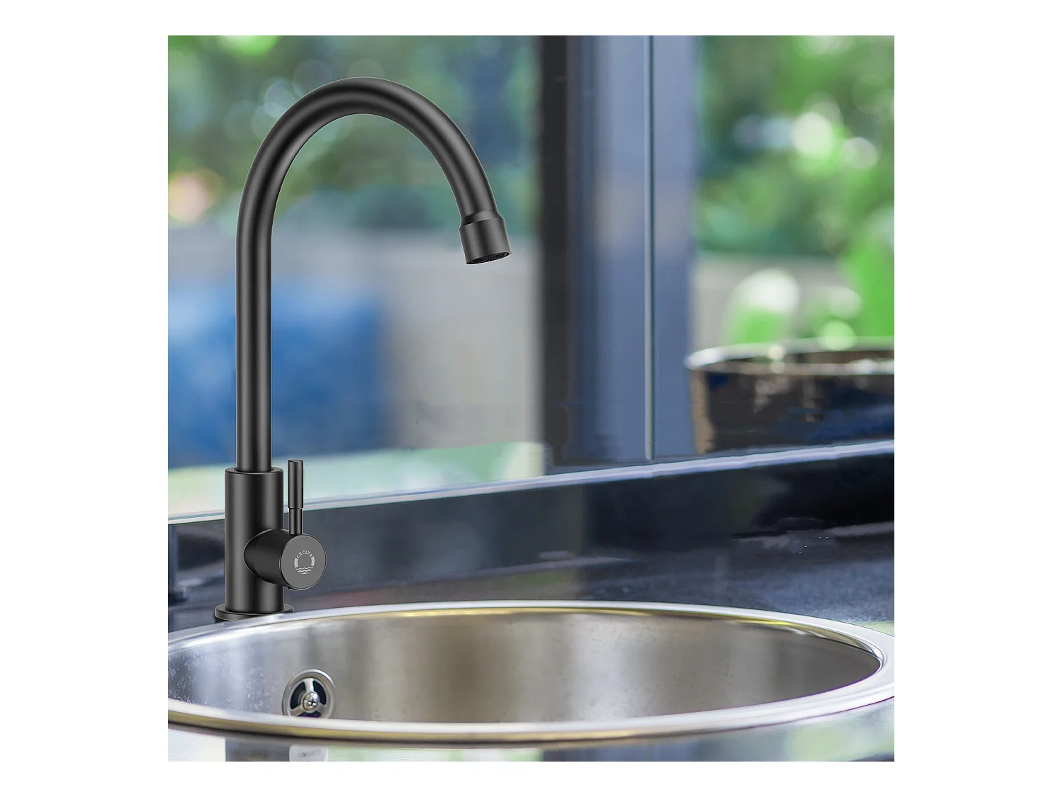 Noir Evier à Encastrer 1 Bac avec Egouttoir, Quartz et Résine, 65x45cm + Robinet de Cuisine à eau Froide,Noir