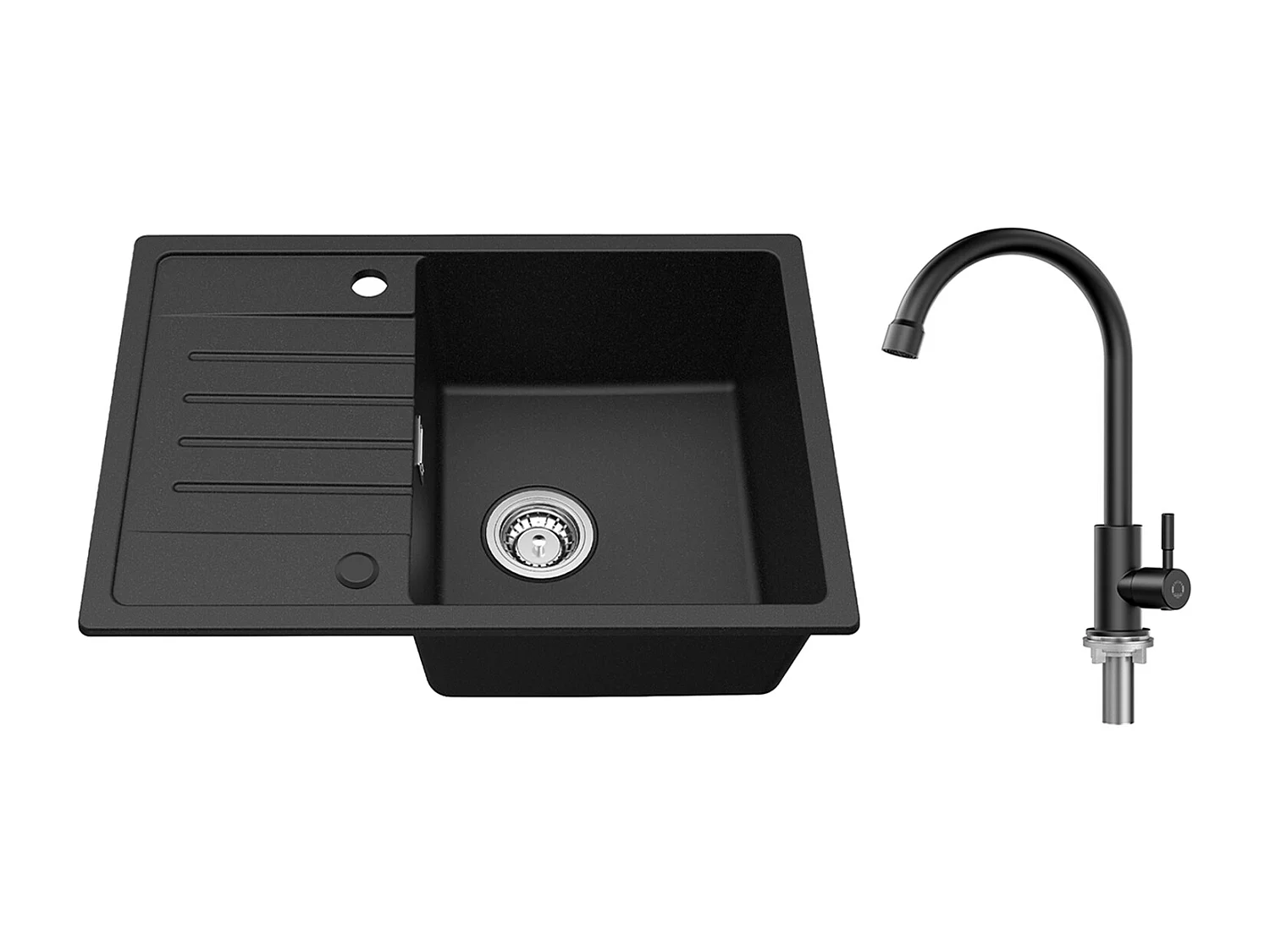 Noir Evier à Encastrer 1 Bac avec Egouttoir, Quartz et Résine, 65x45cm + Robinet de Cuisine à eau Froide,Noir