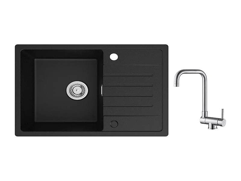 Cecipa max 78x45cm 1 Becken Spüle mit Abtropffläche Einbauspüle Quarz und Kunstharz Schwarz + Klappbarer Küchenhahn Gebürstet Klappbare Spültischarmatur