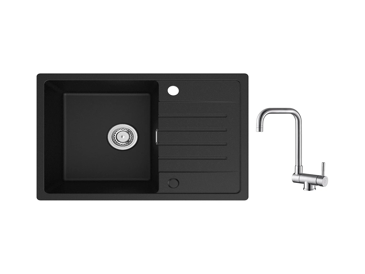 Cecipa max 78x45cm Lavello 1 vasca con gocciolatoio Lavello incasso in quarzo e resina Nero + Rubinetto cucina pieghevole Miscelatore lavello pieghevole spazzolato