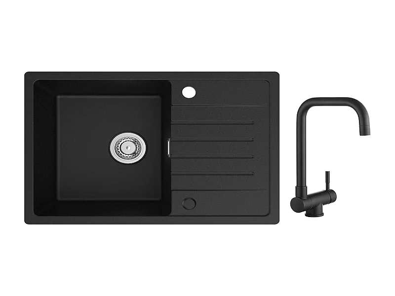 Cecipa max 78x45cm Evier 1 Bac avec Egouttoir Evier à encastrer Quartz et résine Noir + Cuisine Rabattable Robinet Pliable Mitigeur Sous Fenêtre Noir