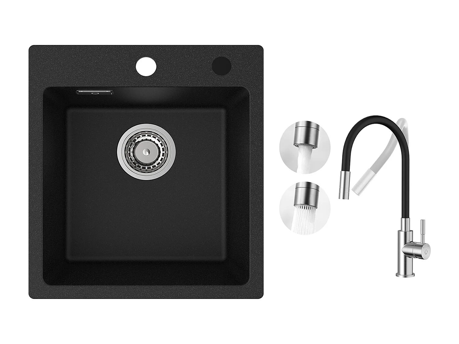 Aanrecht in kwarts en hars 40x45cm Kwarts spoelbak 1 bak zwart + flexibele keukenmengkraan, 2 soorten jets Geborsteld uittrekbare kraan