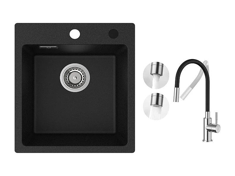 Aanrecht in kwarts en hars 40x45cm Kwarts spoelbak 1 bak zwart + flexibele keukenmengkraan, 2 soorten jets Geborsteld uittrekbare kraan