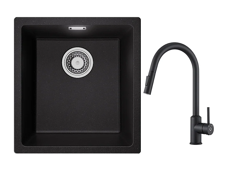 CECIPA MAX Evier 1 Bac en Quartz et Résine Noir Gris 40*44*20cm + Mitigeur de Cuisine avec Douchette Extractible Noir