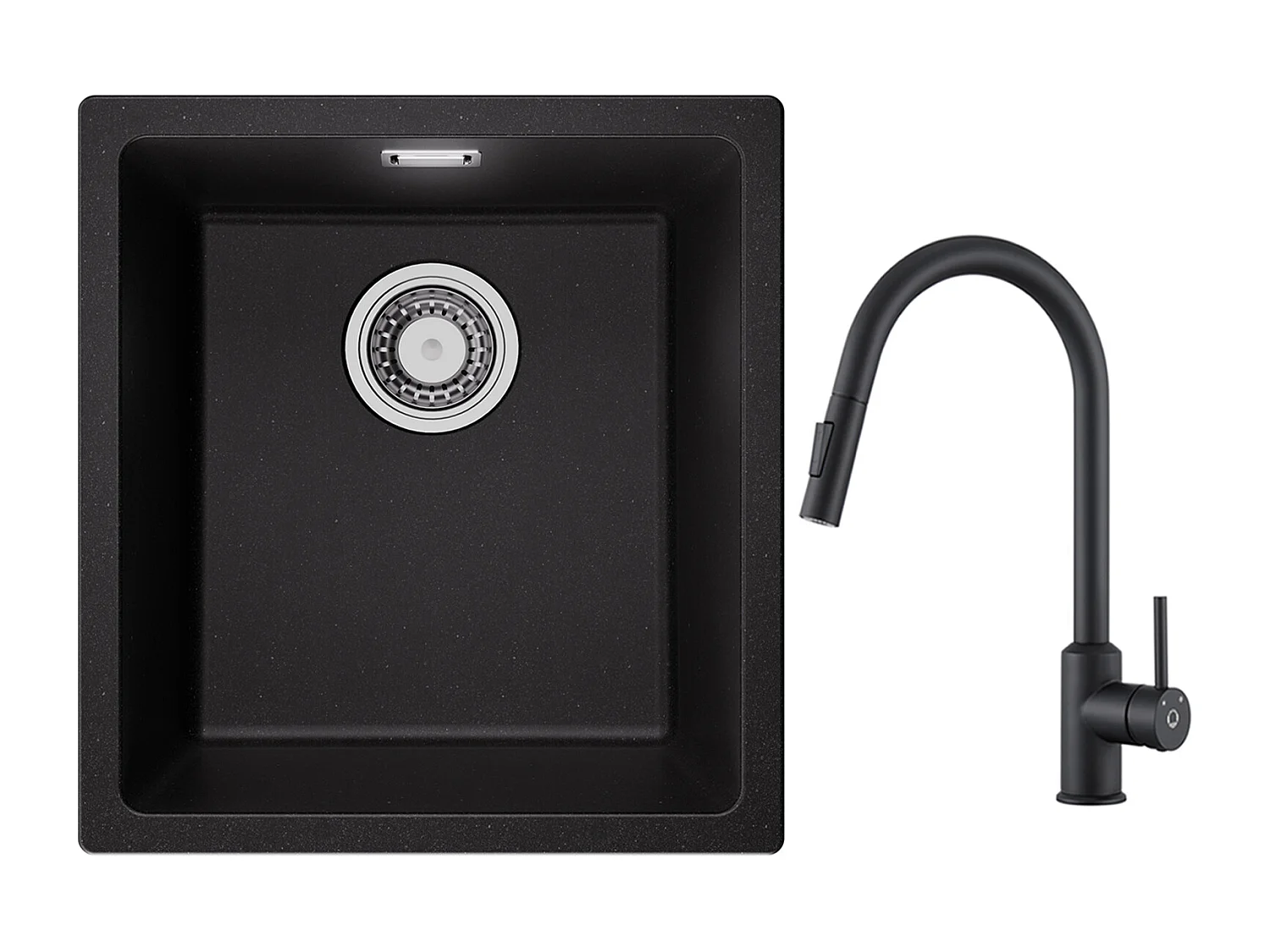 CECIPA MAX Evier 1 Bac en Quartz et Résine Noir Gris 40*44*20cm + Mitigeur de Cuisine avec Douchette Extractible Noir