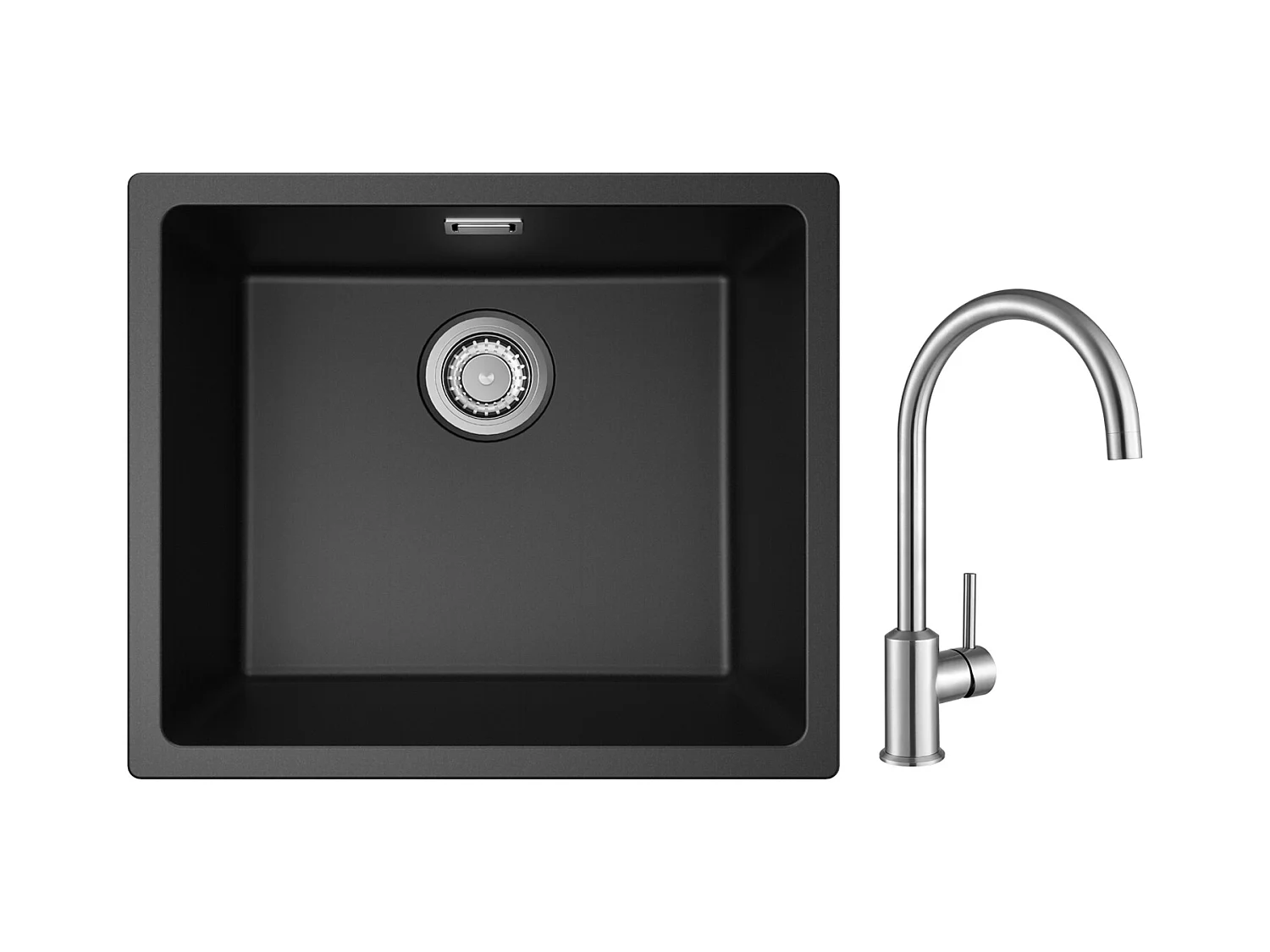 Evier 1 Bac en Quartz et Résine, 3 Options de Montage, 50*44*20cm + Mitigeur de Cuisine en Inox Brossé