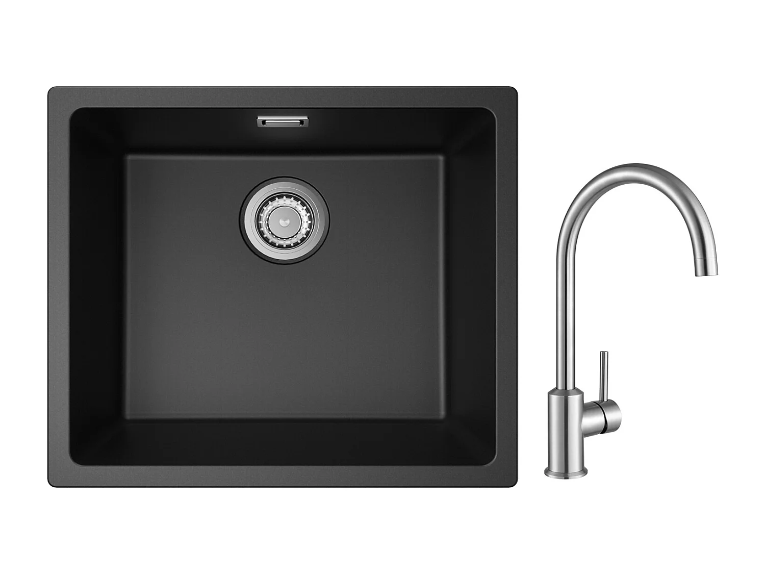 Evier 1 Bac en Quartz et Résine, 3 Options de Montage, 50*44*20cm + Mitigeur de Cuisine en Inox Brossé