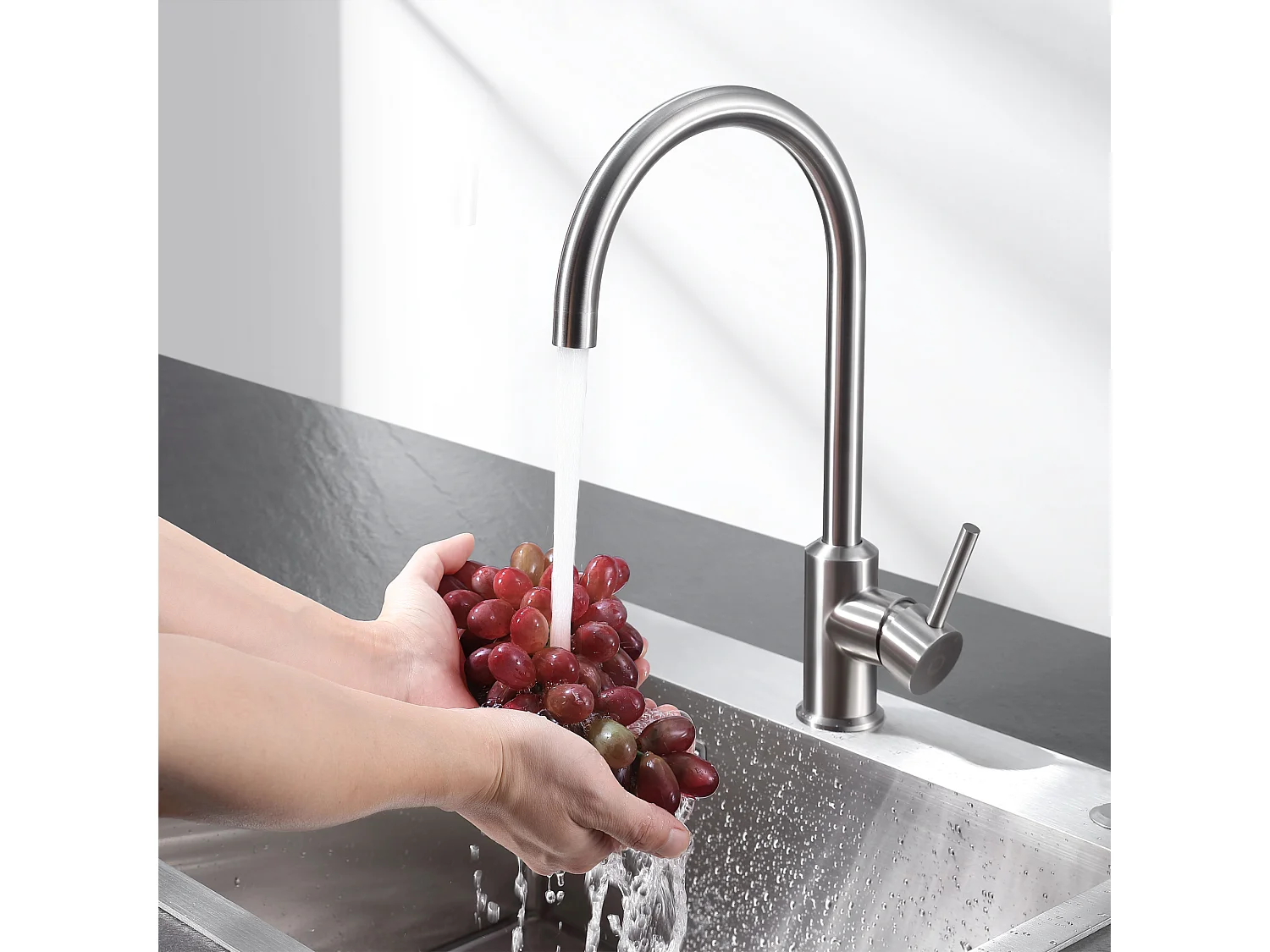 Evier 1 Bac en Quartz et Résine, 3 Options de Montage, 50*44*20cm + Mitigeur de Cuisine en Inox Brossé