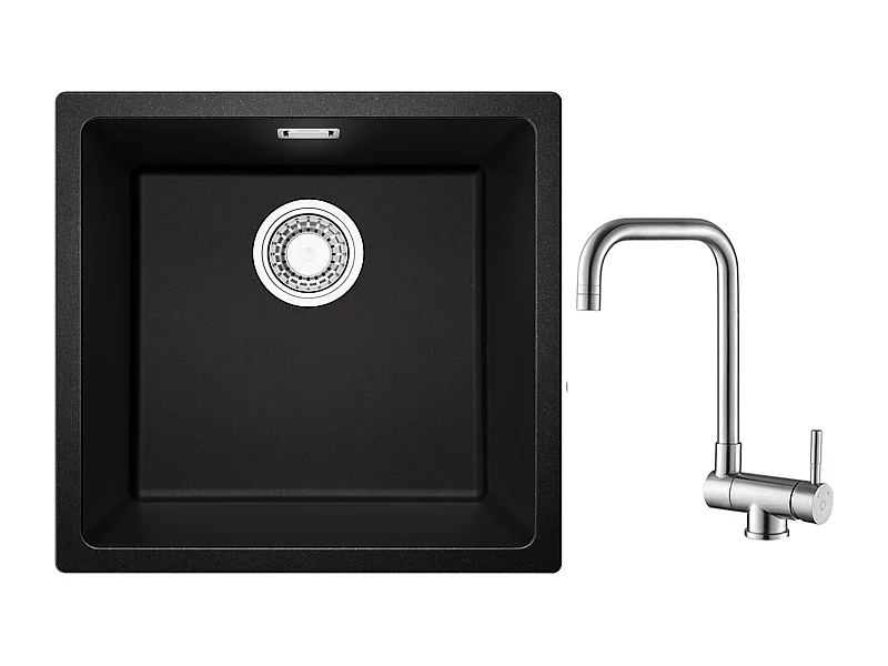 CECIPA MAX Einzelbecken aus Quarz- und Kunstharzspüle, Schwarzgrau, 45 x 44 x 20 cm + klappbarer Küchenhahn, gebürstete klappbare Spültisch-Mischbatterie