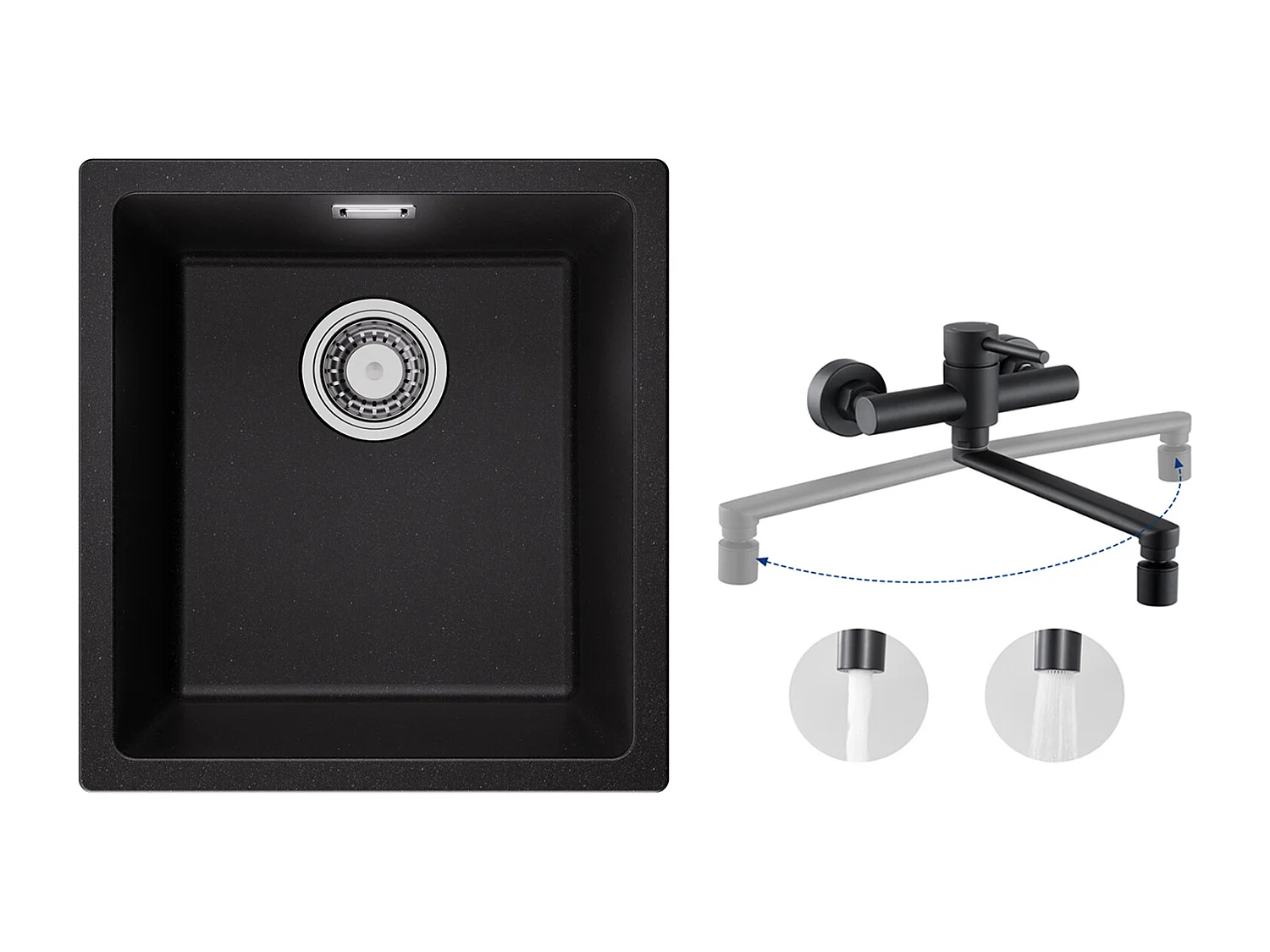 Einzelspüle aus Quarz und Kunstharz, 3 Montageoptionen, 40 x 44 x 20 cm + wandmontierte Küchenmischbatterie mit 2 schwarzen Düsen